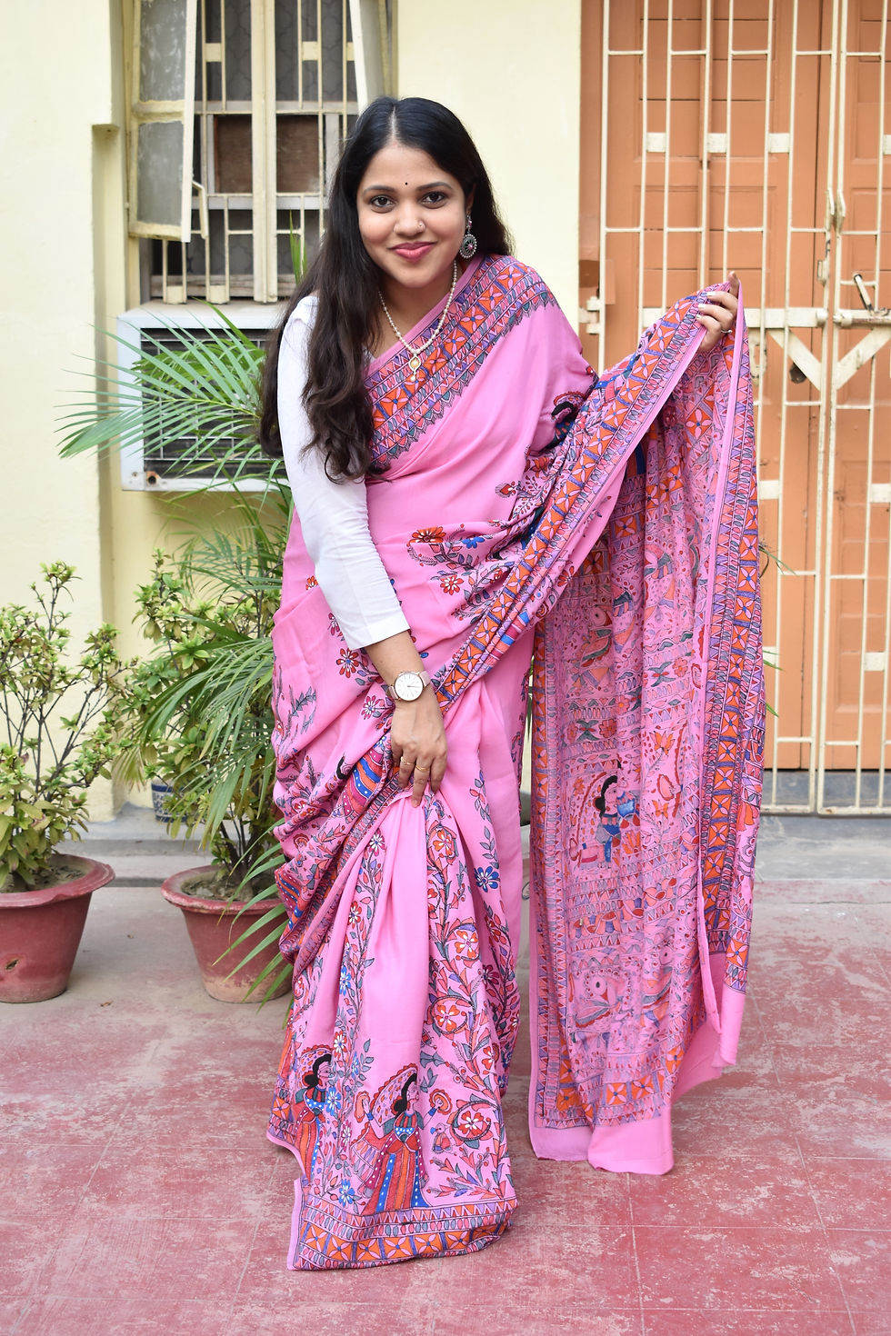 Thumbnail: Gulabri : Madhubani handpainted crepe silk saree