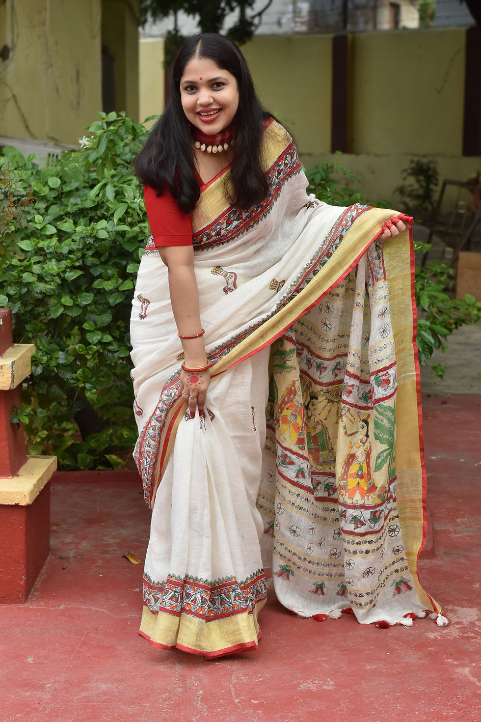 Thumbnail: Ashtami : Handpainted Madhubani Linen Saree