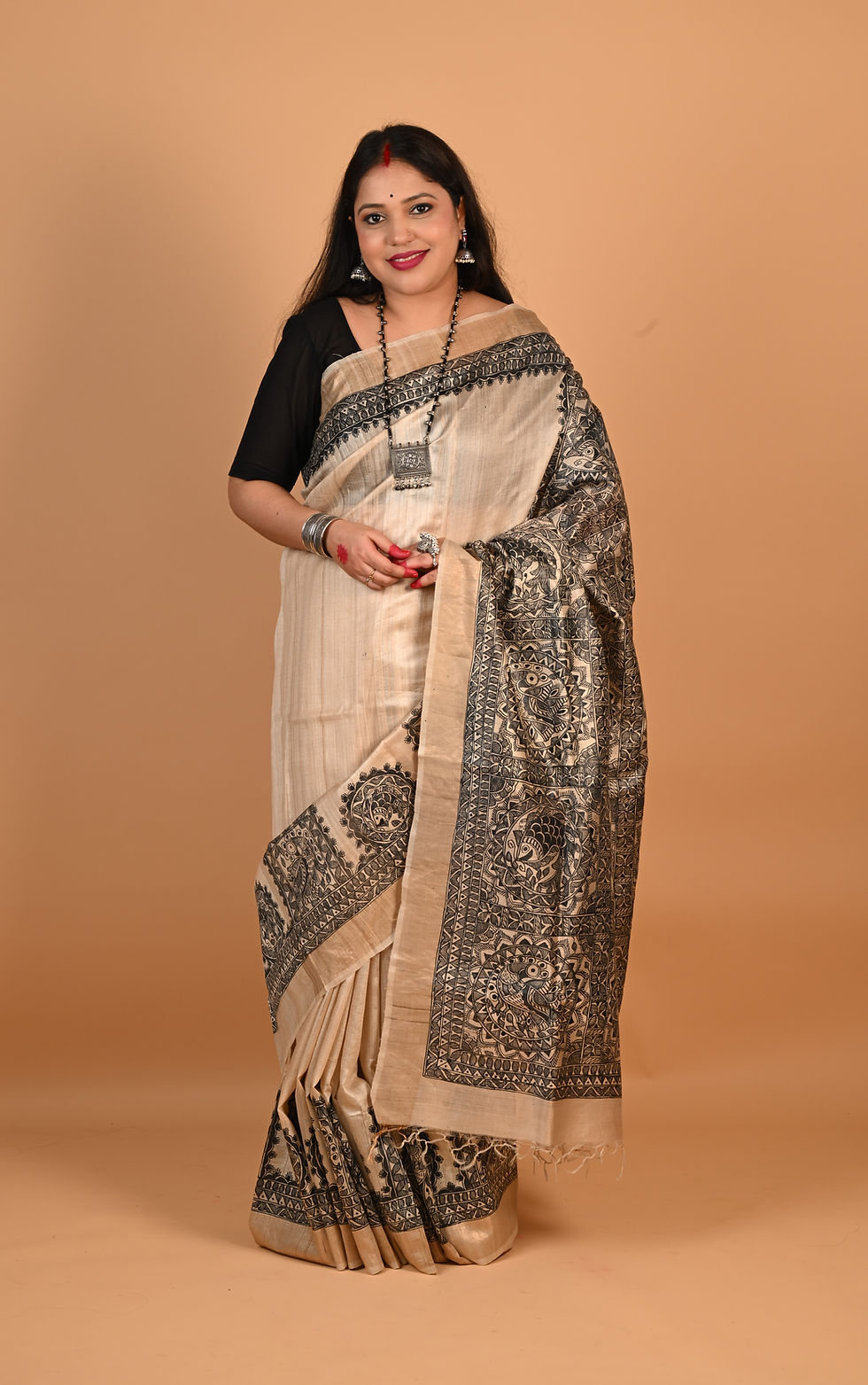 Thumbnail: Ekaa : Handpainted Madhubani Black Tussar Silk Saree