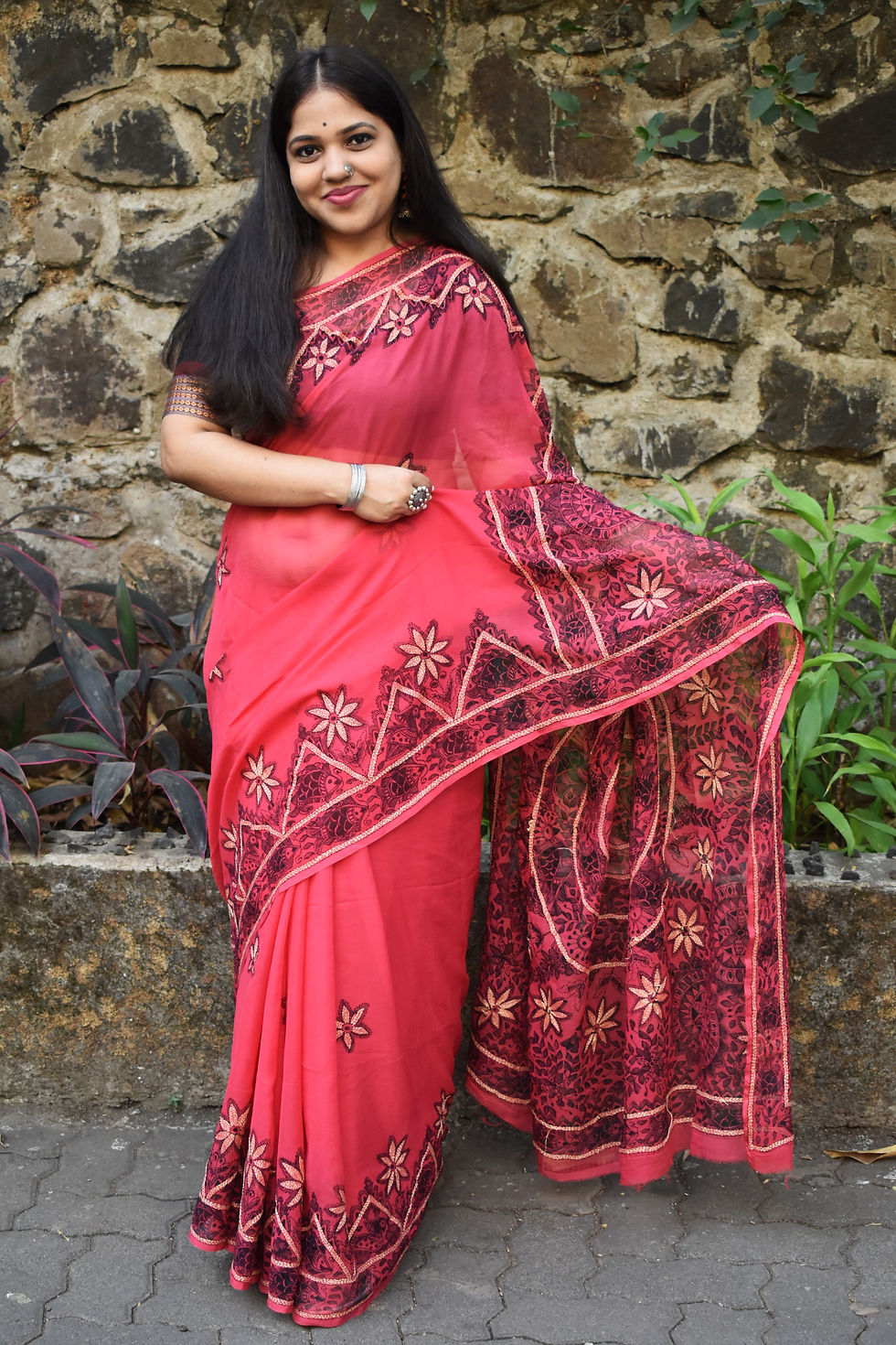 Thumbnail: Handpainted & Handembroidery  'Cranberry'  Madhubani Chiffon Saree