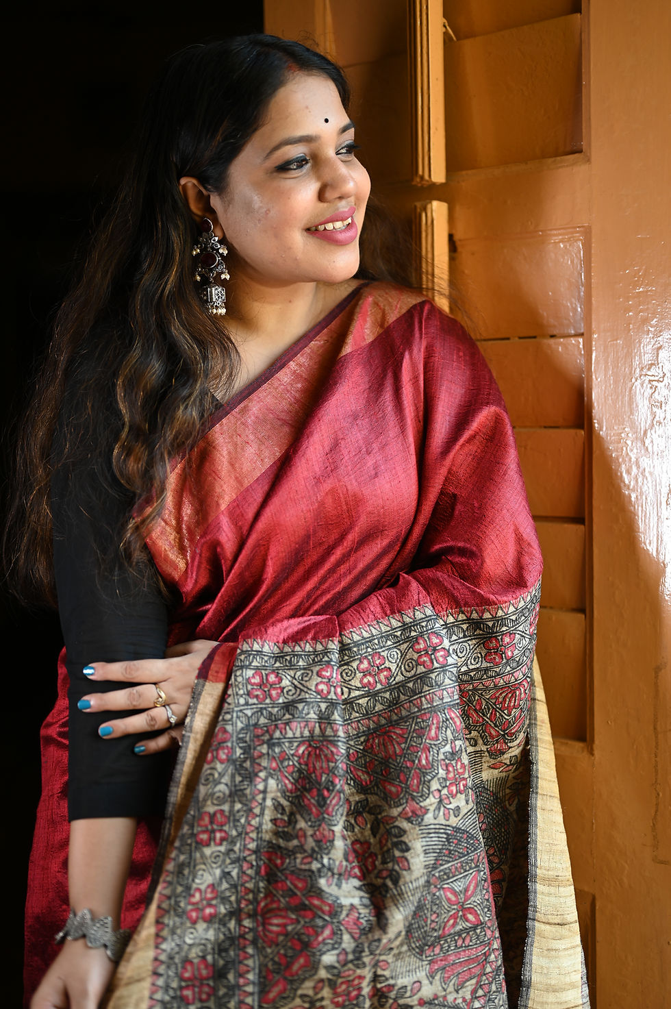 Thumbnail: Laal Maach Handpainted Madhubani Dupion Silk Saree