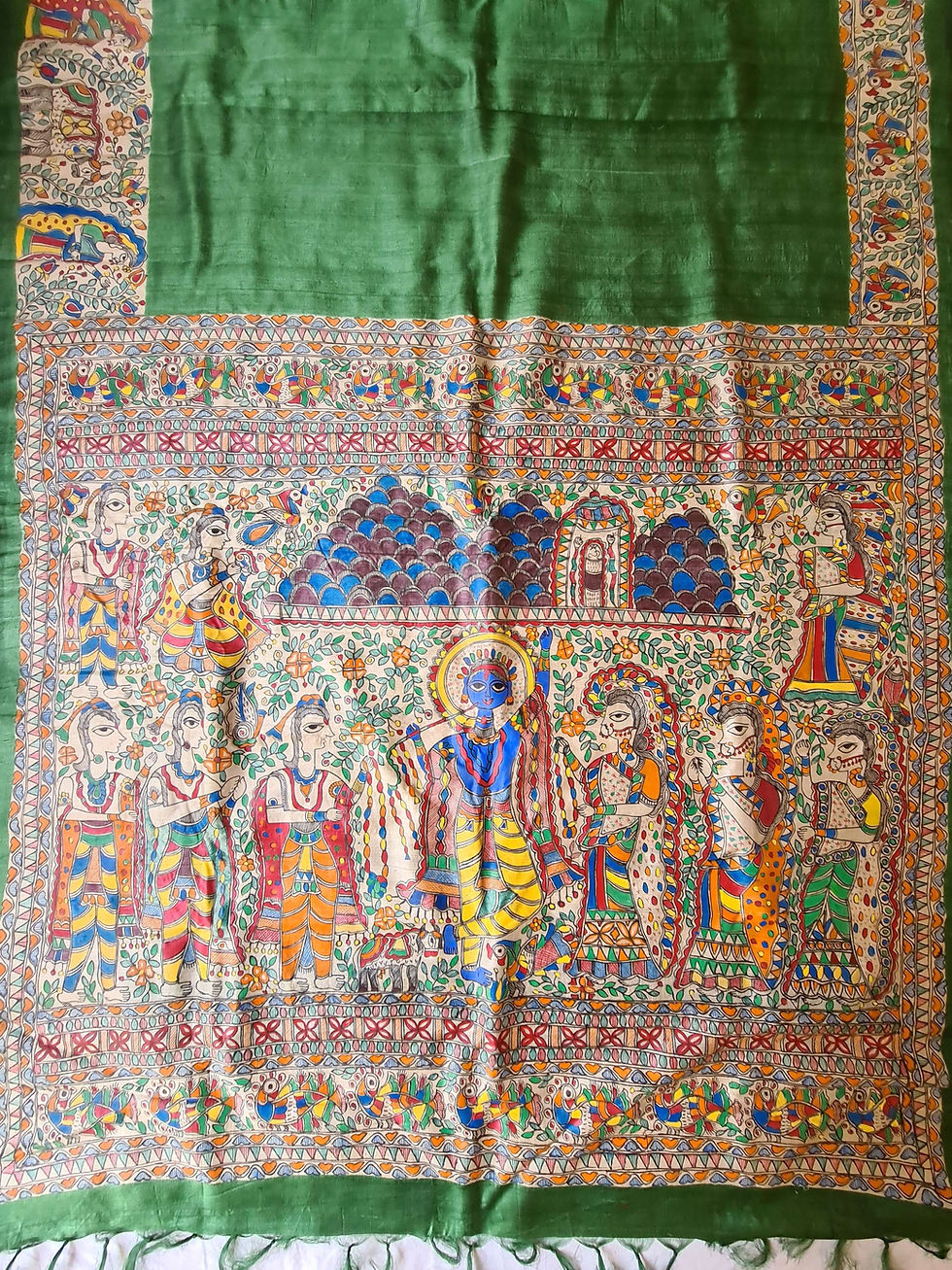 Thumbnail: NOBOMI : ‘Govardhan Parvat' Madhubani Handpainted GreenTussar Silk saree