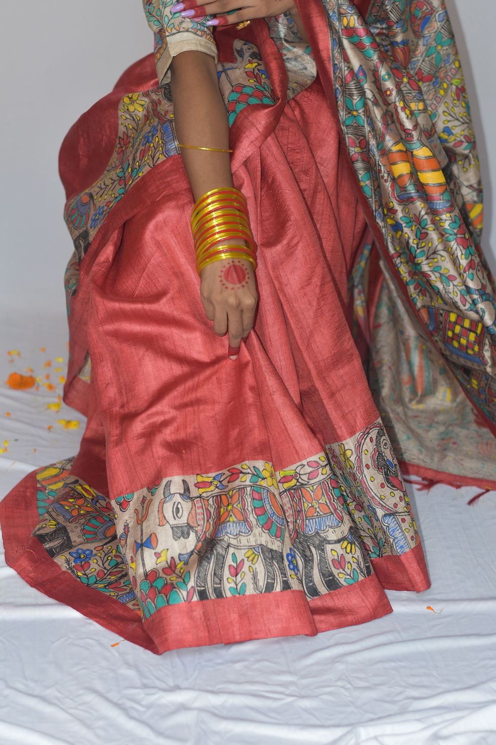 Thumbnail: ASHTOMI : ‘Shiv Pariwar’ Madhubani Handpainted Tussar Silk Saree