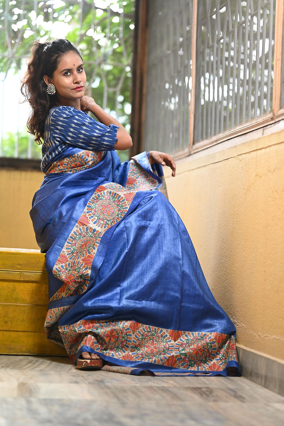 Thumbnail: Kohbar Blue Handpainted Madhubani Tussar silk saree