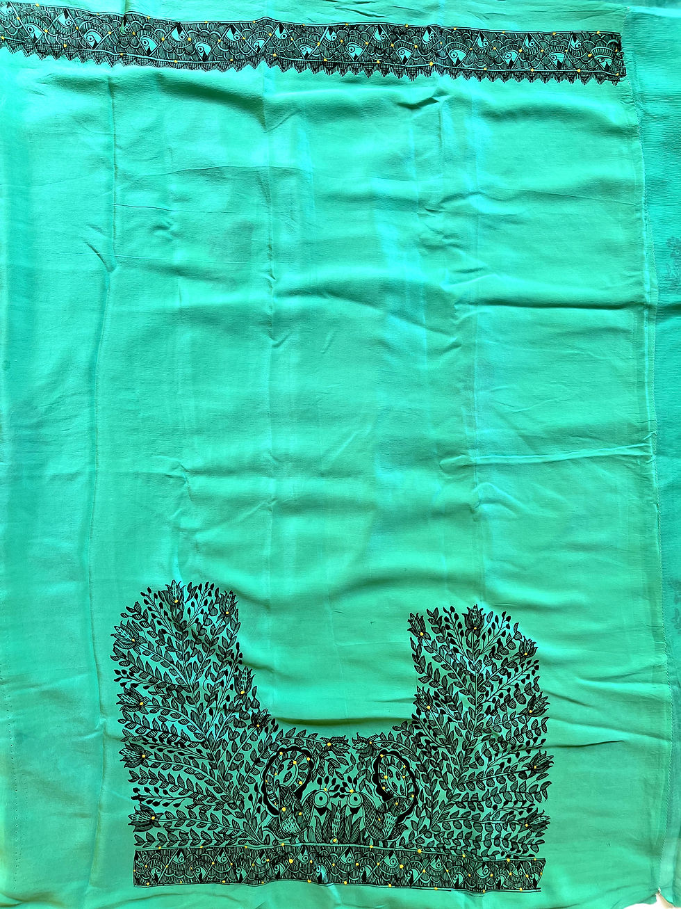 Thumbnail: Geetanjali 'Mayur Machli' Madhubani handpainted crepe silk saree