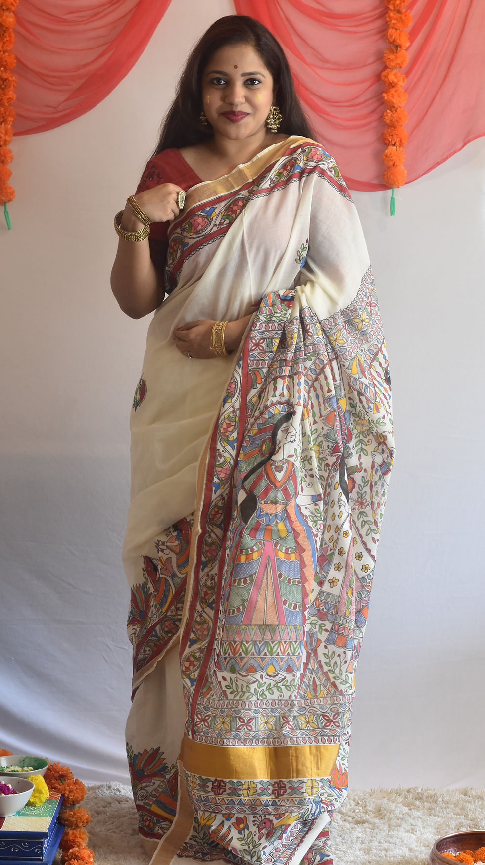 Thumbnail: Geetanjali Maa Saraswati Handpainted Madhubani Kerala Cotton Saree