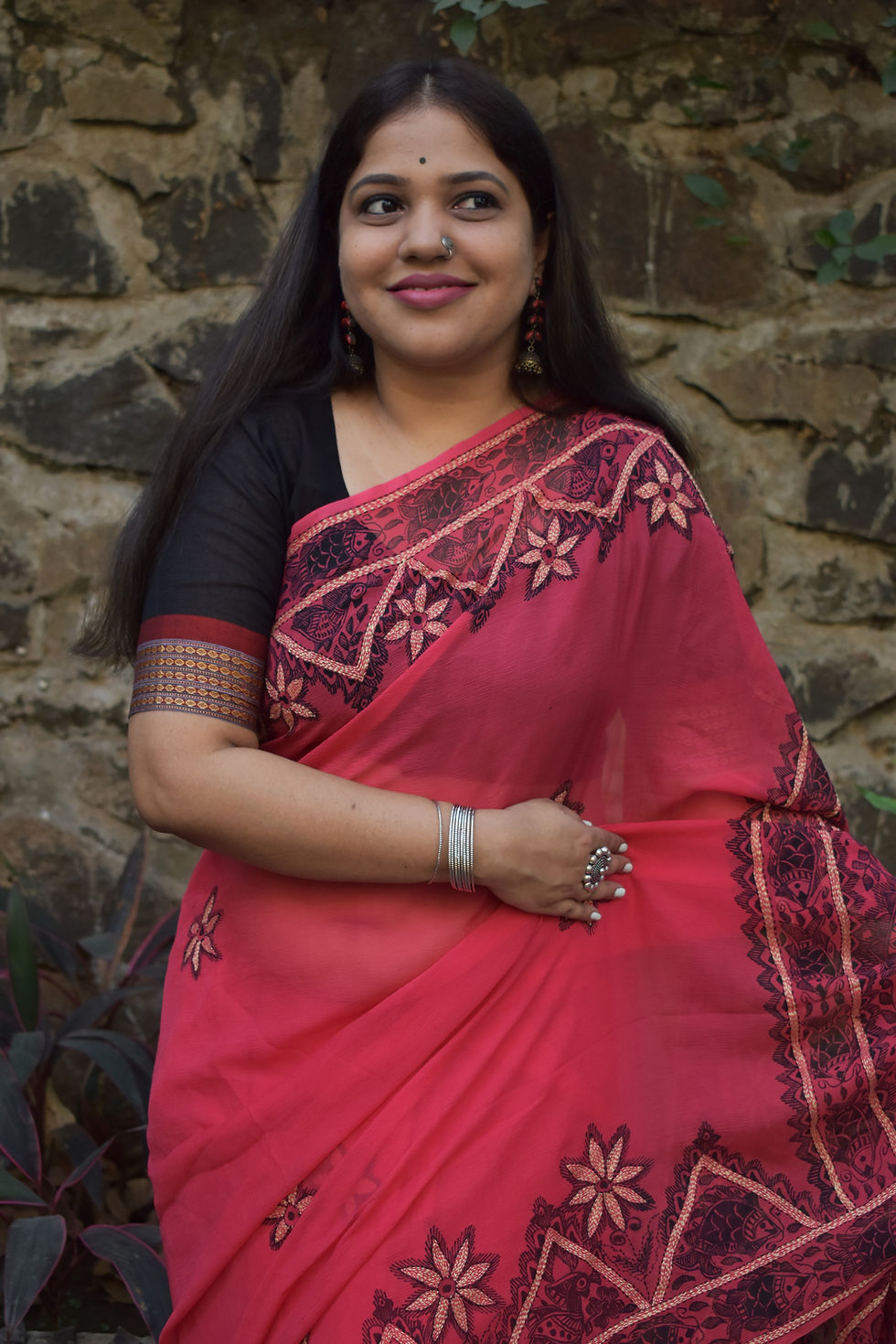 Thumbnail: Handpainted & Handembroidery  'Cranberry'  Madhubani Chiffon Saree
