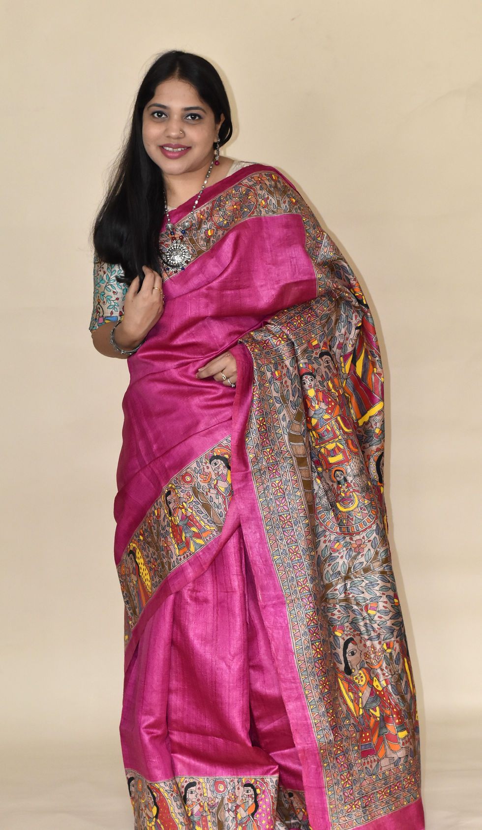 Thumbnail: Geetanjali 'Seeta Katha' Handpainted  Madhubani Pink Tussar Silk Saree