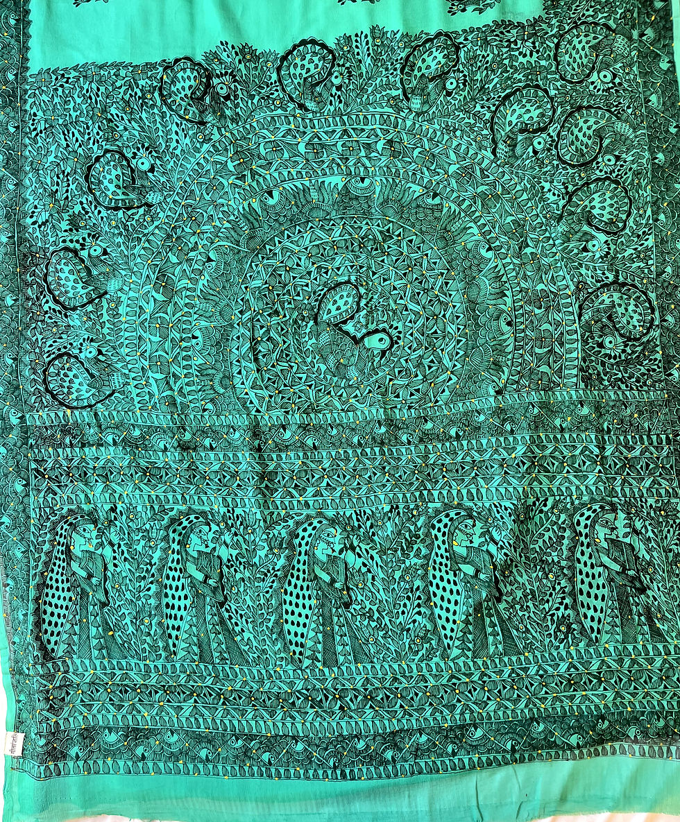 Thumbnail: Geetanjali 'Mayur Machli' Madhubani handpainted crepe silk saree