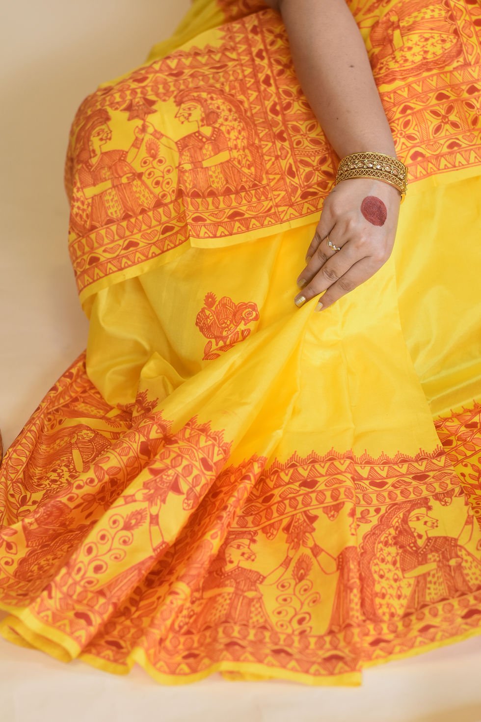 Thumbnail: Handpainted Madhubani 'Gauri Puja' Yellow Bangalore Silk Saree