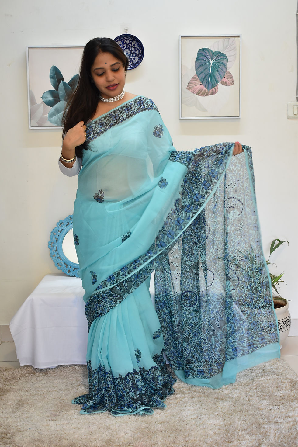 Thumbnail: Geetanjali  ‘Neela Ambar’ Handpainted Madhubani Chiffon Saree