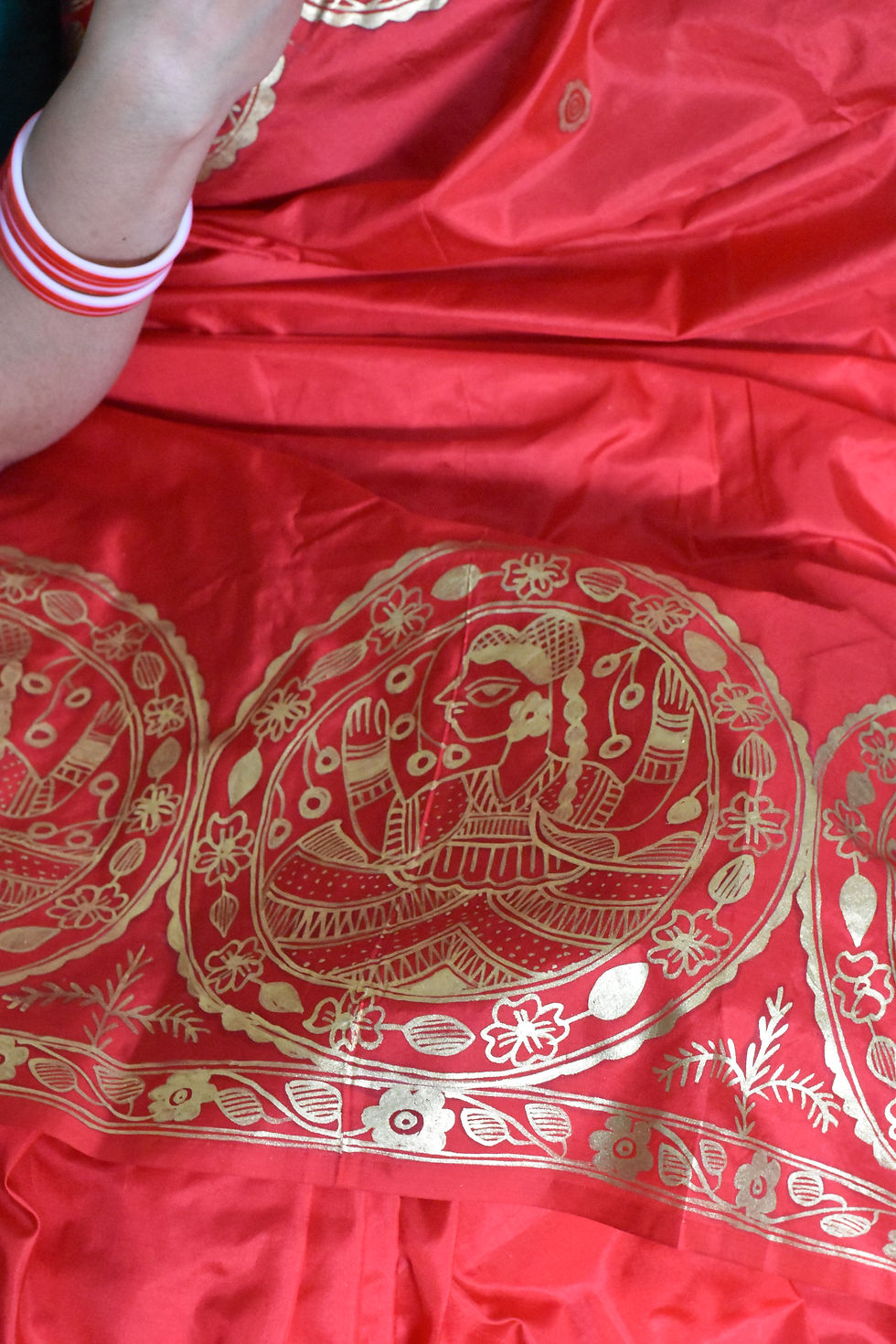 Thumbnail: Geetanjali 'Kohbar' Handpainted Madhubani Red Bangalore Silk Saree