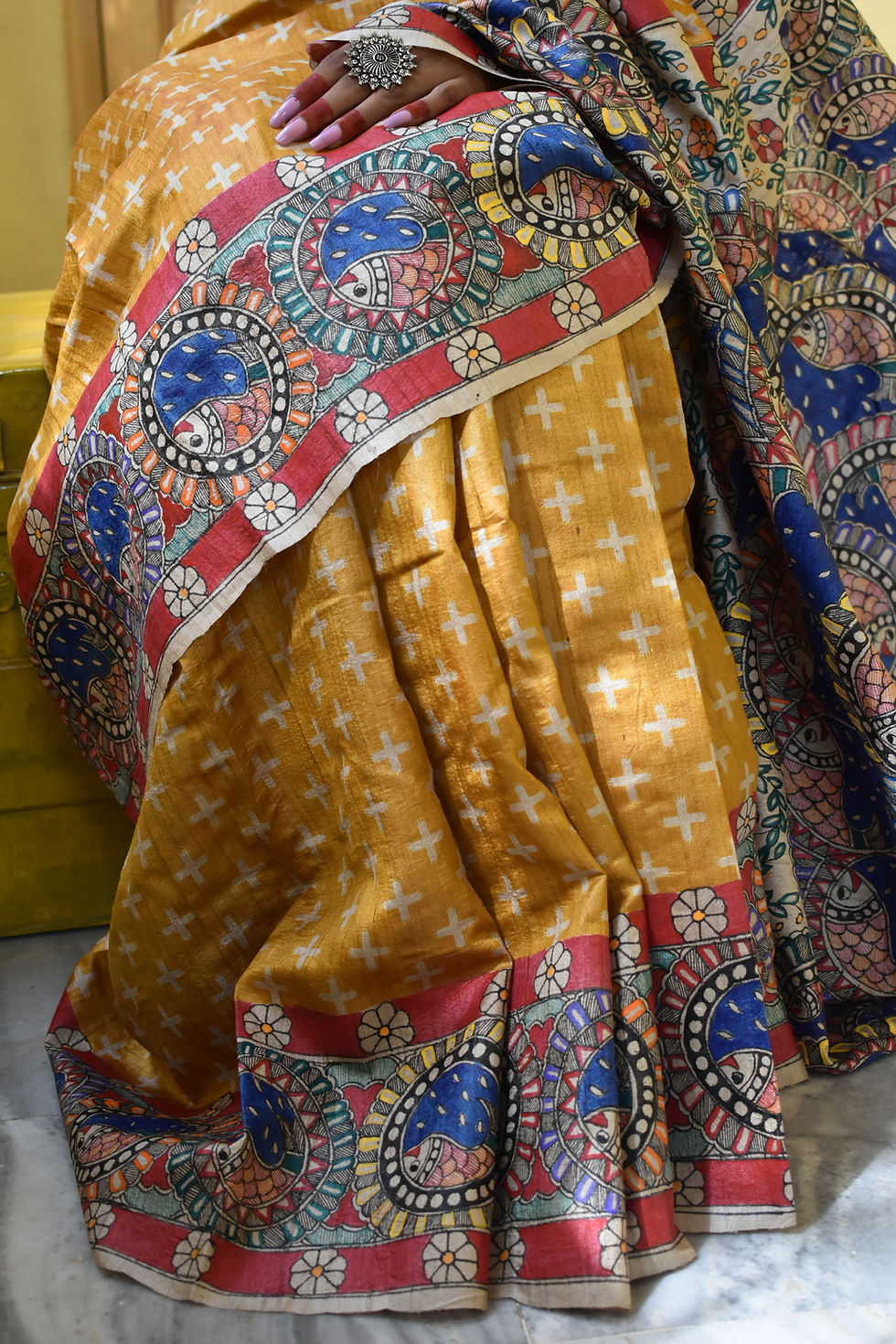 Thumbnail: MALLIKA : Madhubani Handpainted silk mark tussar silk saree