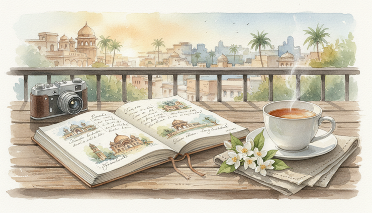 Eye-level view of a handwritten travel journal beside a cup of tea and fresh flowers