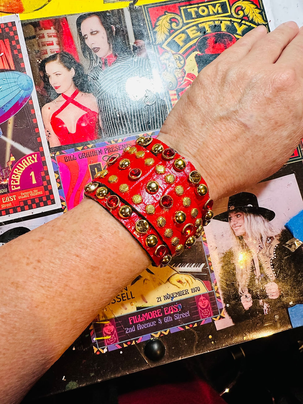 Thumbnail: Real Leather Red Studded Cuff - Bracelet 