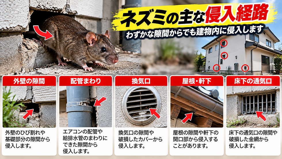 【外壁や配管まわりからネズミが侵入するイメージ】