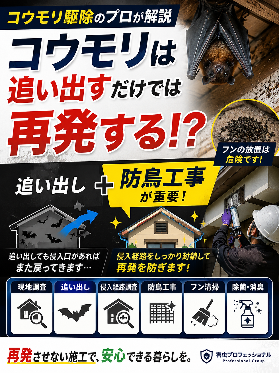 コウモリは追い出すだけでは再発する?防鳥工事が重要な理由をプロが解説