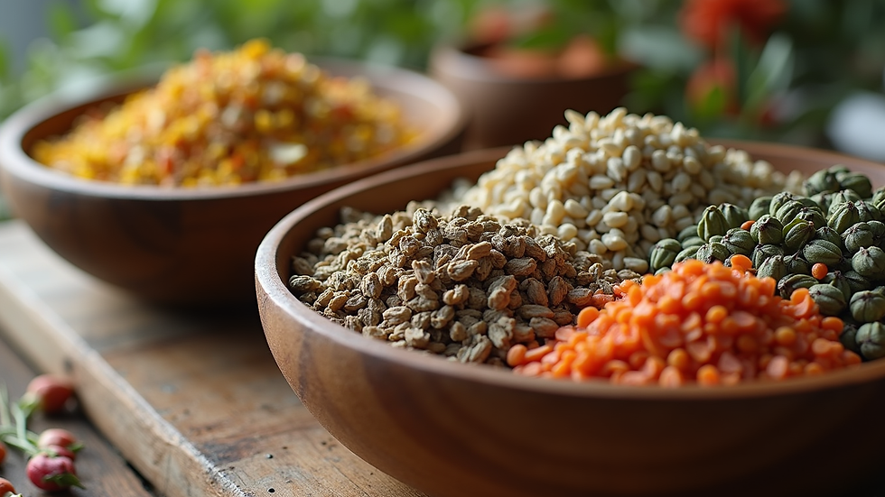 Close-up view of dried herbs and flowers in wooden bowls