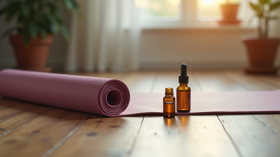 Eye-level view of a yoga mat and essential oils on wooden floor