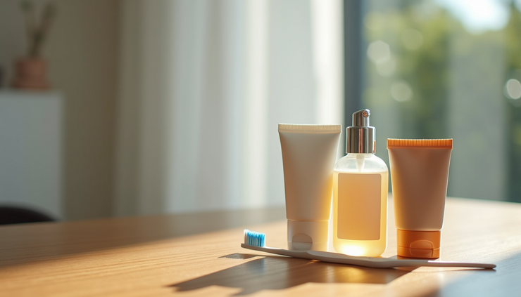Close-up view of a compact personal care kit with travel-sized toiletries on a wooden surface