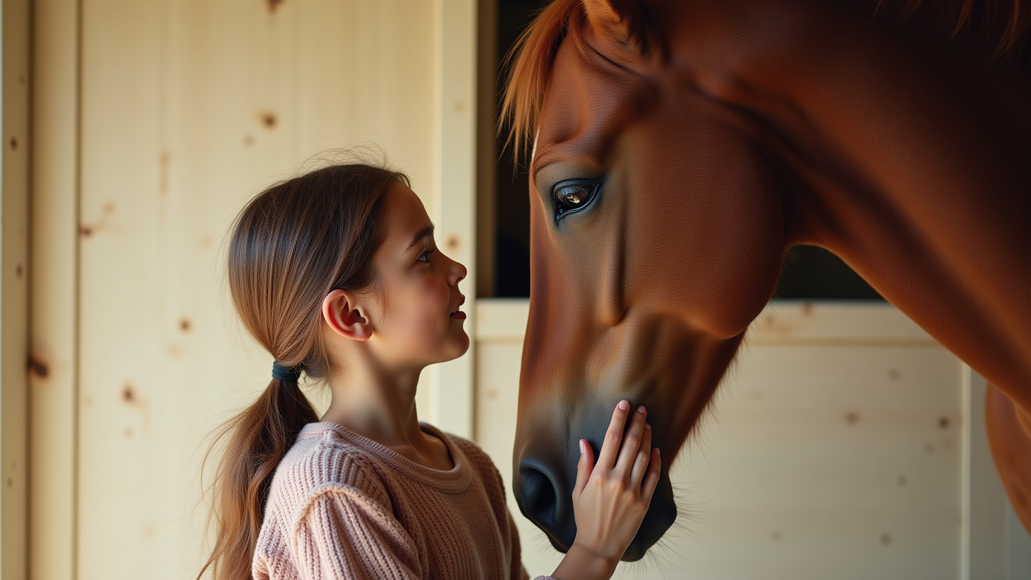 Ein Mädchen, das zärtlich den Kopf des Pferdes streichelt und ihm tief in die Augen blickt