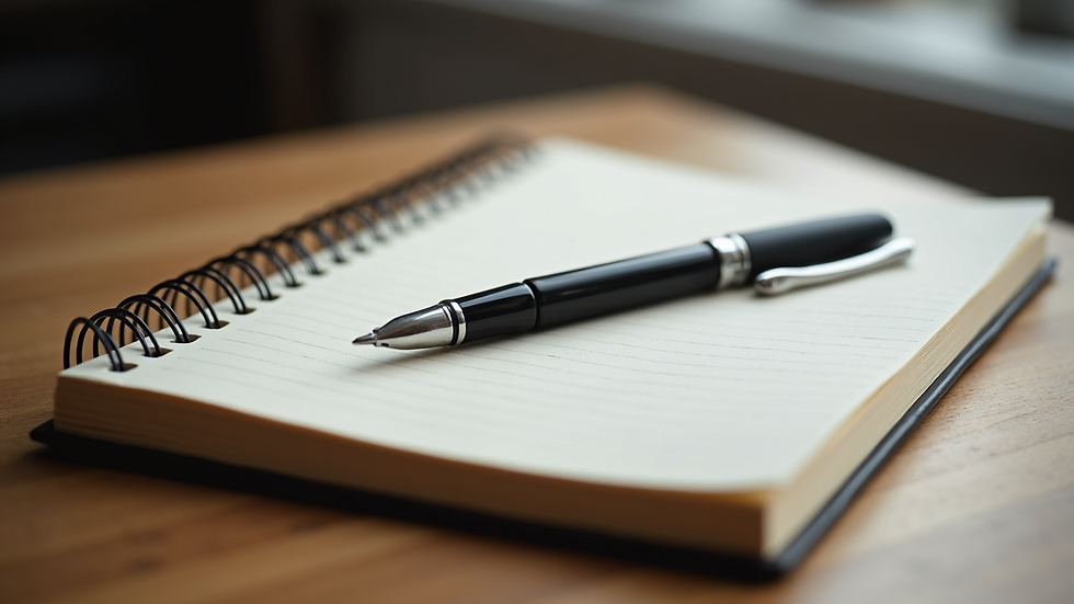 Close-up view of a journal and pen on a wooden table