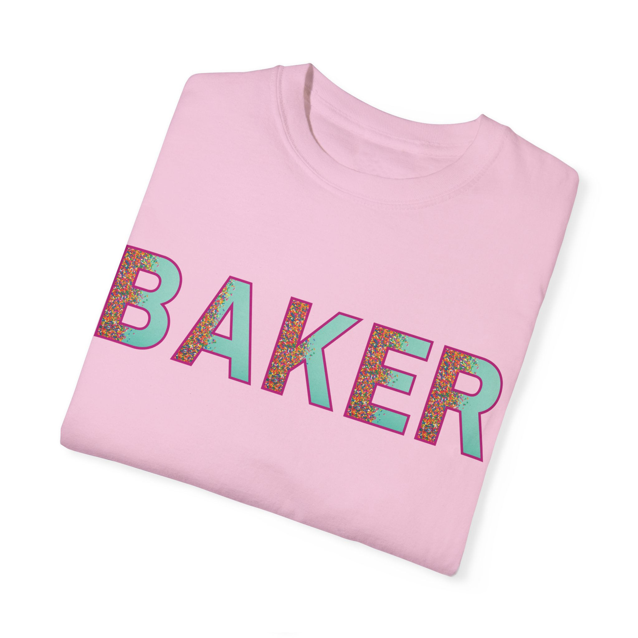 Fun Bakers Wear T-shirt with a Sprinkles pattern in pink and minty teal.
