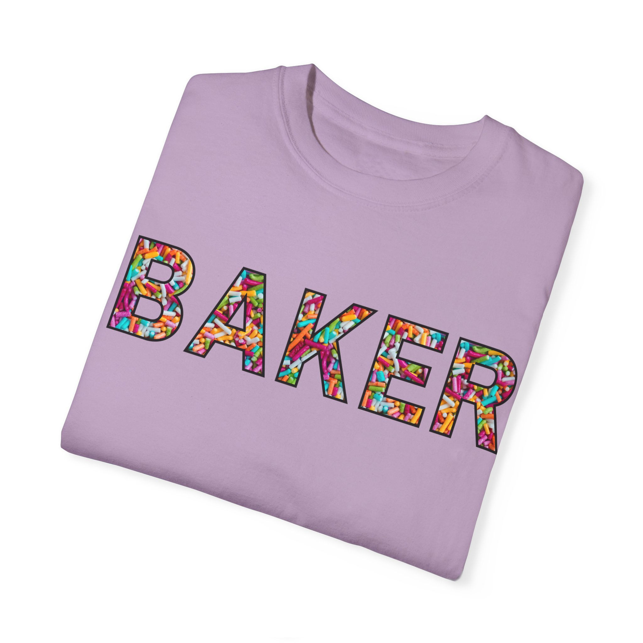 a t-shirt for bakers that has the word baker that is made of a pattern on sprinkles