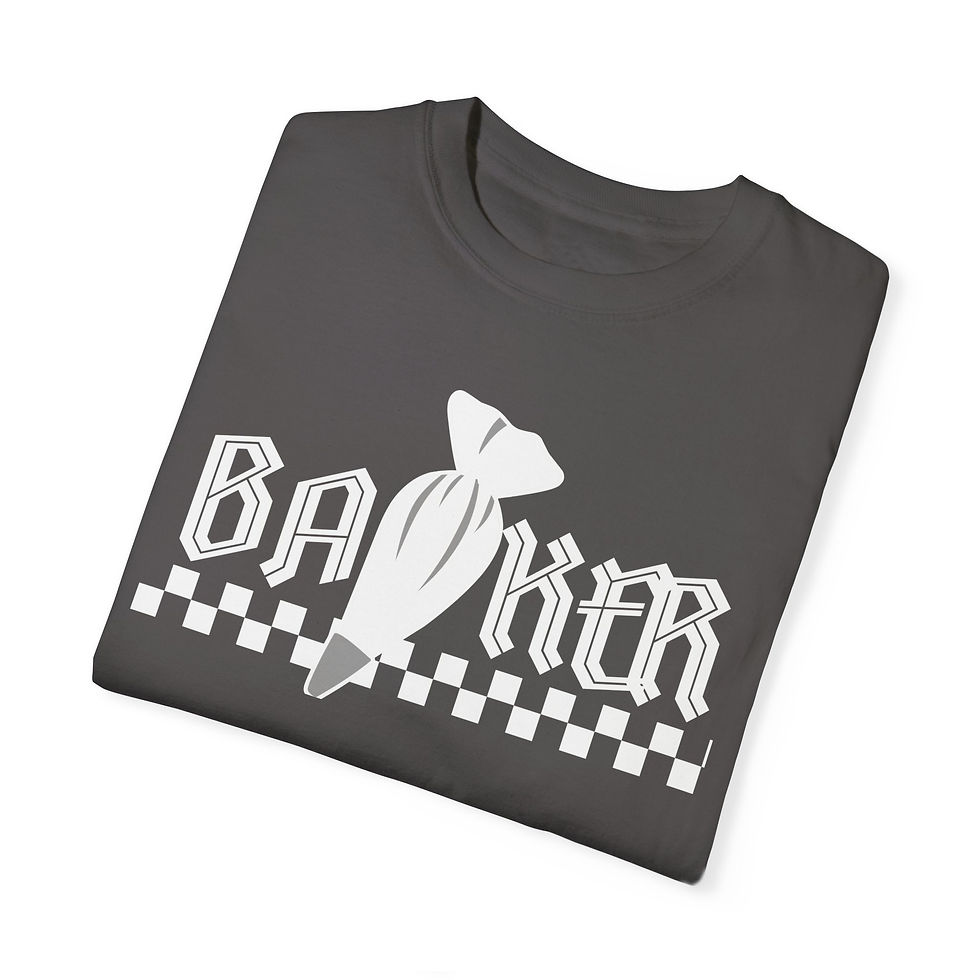 Bakers wear t-shirt with a checkered motif and an icing bag in a rock and roll inspired design