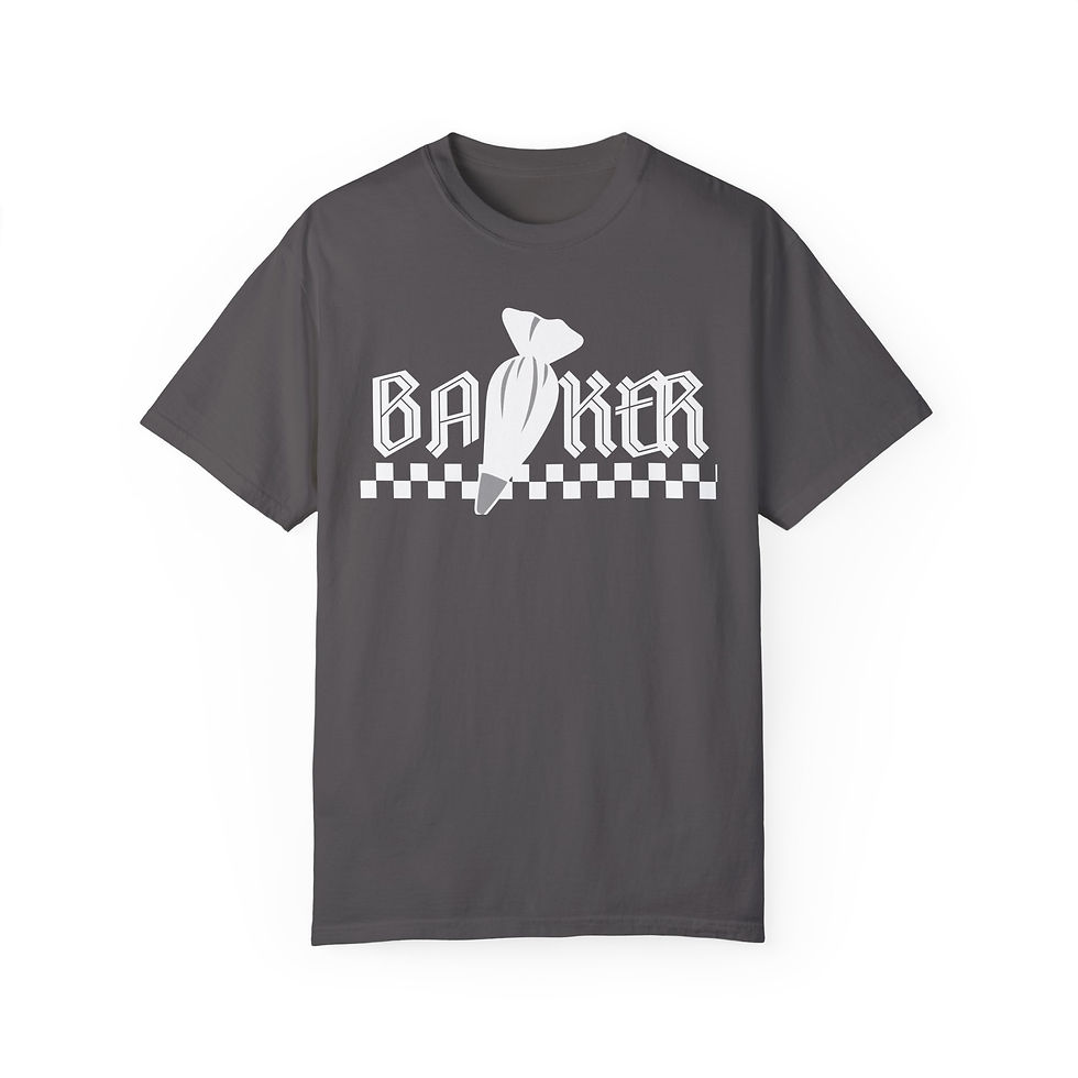 Bakers wear t-shirt with a checkered motif and an icing bag in a rock and roll inspired design