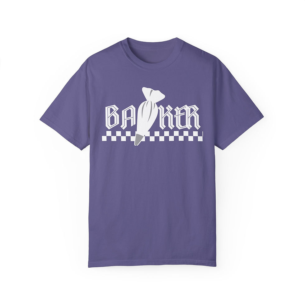 Thumbnail: Bakers wear t-shirt with a checkered motif and an icing bag in a rock and roll inspired design