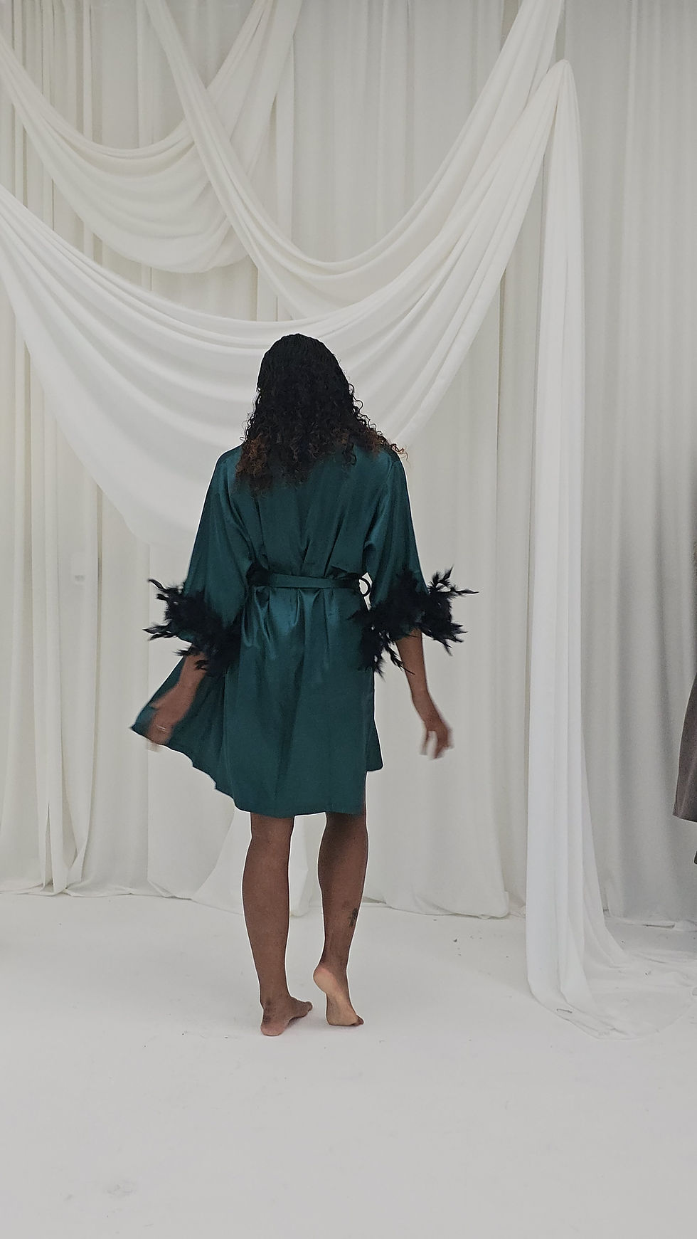 Thumbnail: Sleek Silk Satin Robe With Fur Trim