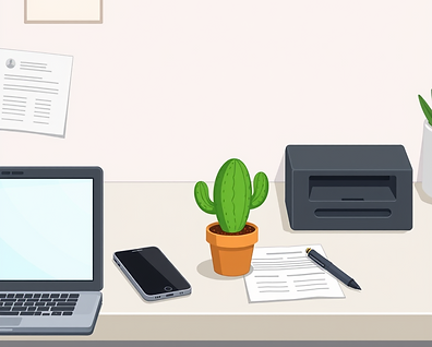 a clean desk space with a laptop, a cell phone, some paperwork, a small digital fax_scanne