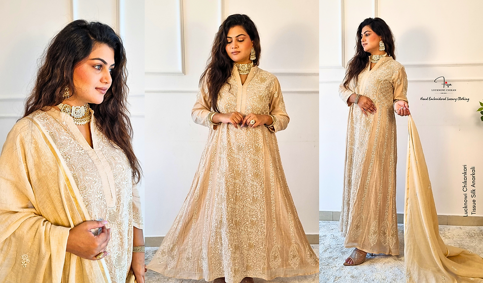 Fiza Lucknowi Chikankari Dubai Beige Tissue Anarkali