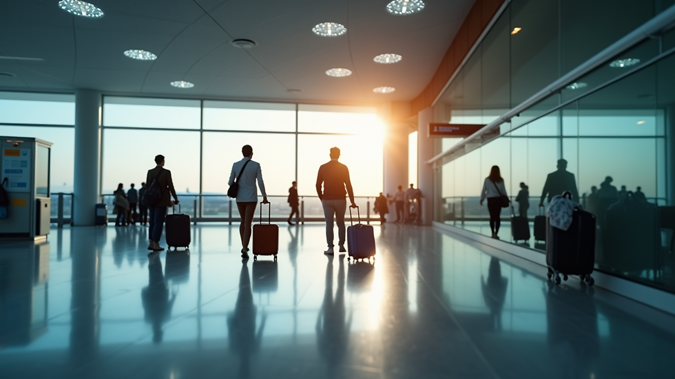 Eye-level view of an airport terminal with travelers