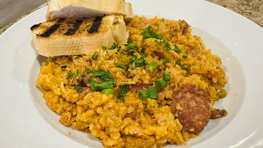 A large bowl of jambalaya from Bourbon Street Bistro in Charleston, WV