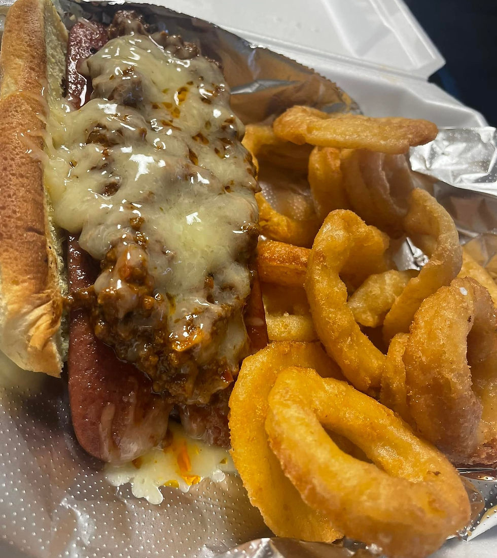 Hot dog and onion rings from Phat Daddy's
