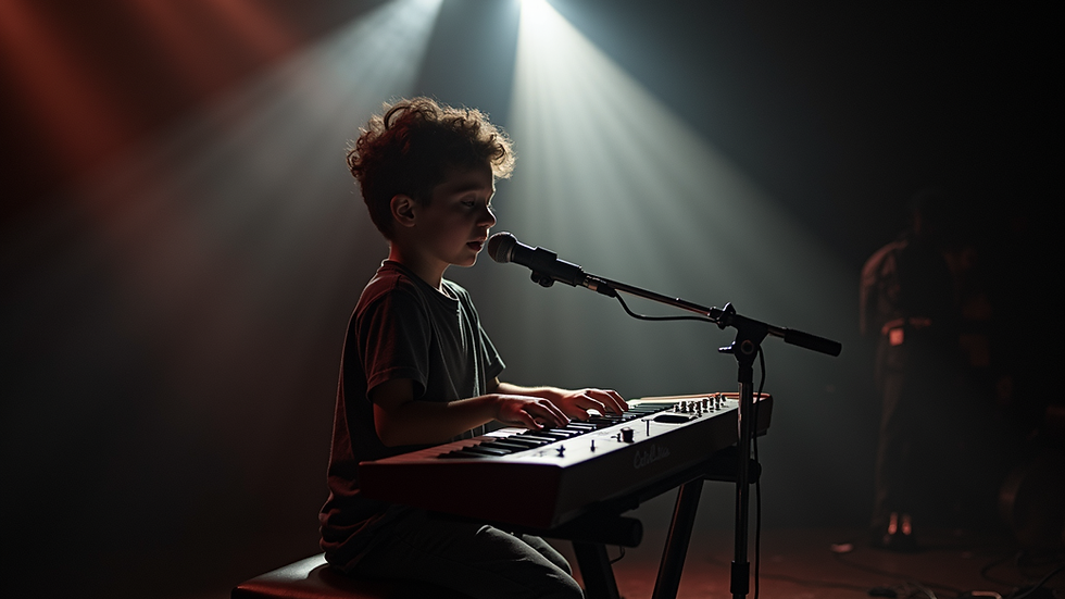 Eye-level view of a confident child performing on stage with a keyboard under spotlight