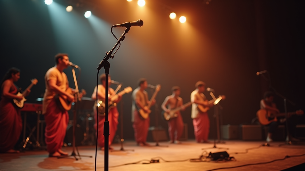 Eye-level view of a Carnatic vocal concert stage setup with microphone and instruments