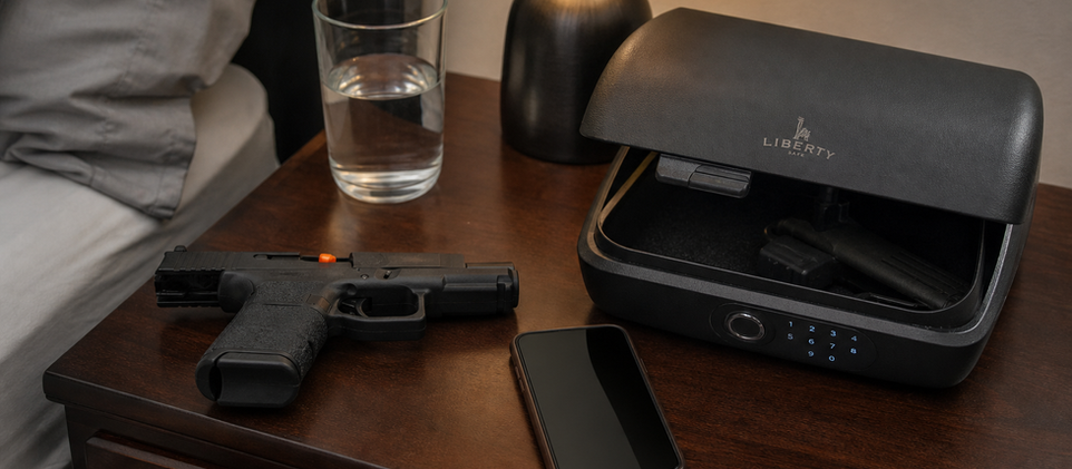 shows a striker-fired pistol in a safe, unloaded condition alongside a quick-access biometric safe