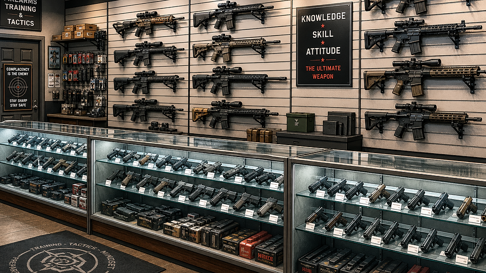 Comic style photo of a large gun counter with rifles on the wall behind it.