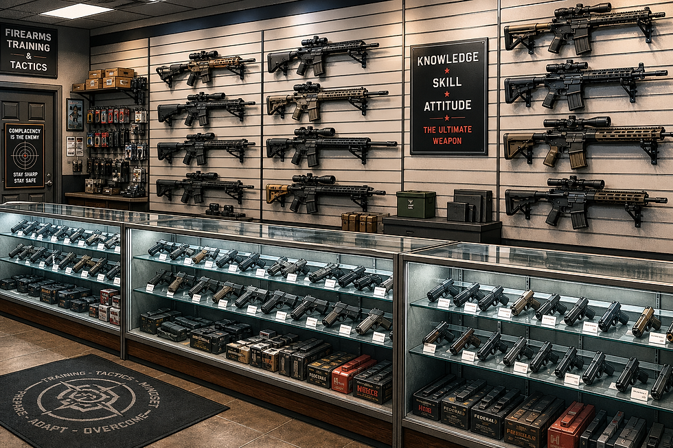 comic style photo of a large gun counter with rifles on the wall behind it.