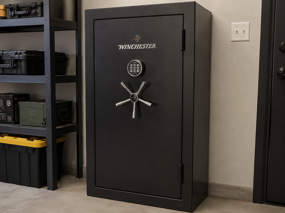 photo of a gun safe and other equipment properly stored and organized.