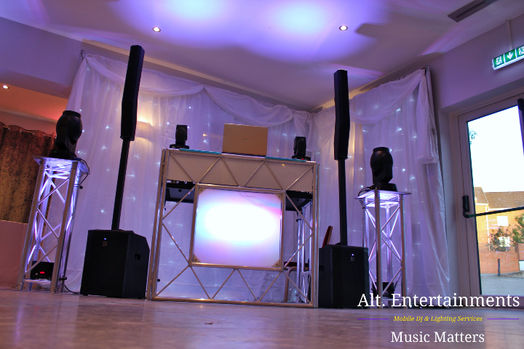 Professional mobile DJ setup at Barons Court Hotel, Walsall Wood, featuring high-quality speakers and vibrant lighting. Set up by Alt. Entertainments, a Mobile DJ, Disco & Events Company.