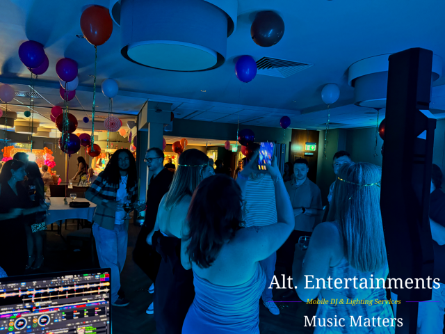 Guests dancing and celebrating on a packed dancefloor during a birthday party at Copt Heath Golf Club in Knowle, Solihull, Warwickshire, with entertainment provided by Alt. Entertainments Mobile DJ and Events company.
