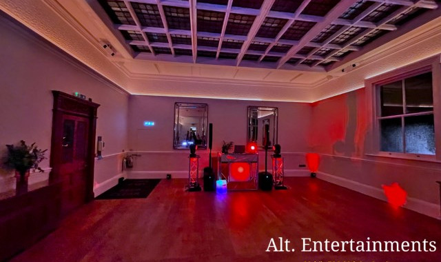 A professional mobile DJ setup at a vibrant wedding celebration at Pendrell Hall, Codsall Wood, Staffordshire. Photo captured by Alt. Entertainments, offering Wedding DJ, Mobile DJ, and Indie DJ services, along with Disco & Event Services.