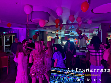 Guests dancing and celebrating on a busy dancefloor during a birthday party at Copt Heath Golf Club in Knowle, Solihull, Warwickshire, with entertainment provided by Alt. Entertainments Wedding DJ and Mobile DJ services.