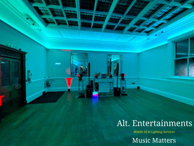 A snapshot of the professional mobile DJ setup at Pendrell Hall, Codsall Wood, Staffordshire, captured by Alt. Entertainments. Specialists in Wedding DJ/Mobile DJ/Indie DJ, Disco & Event Services, they set the stage for unforgettable moments.