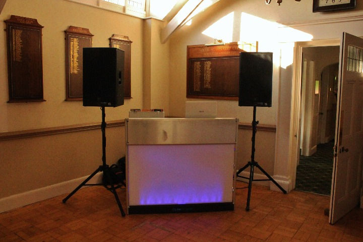 High-end DJ setup by Alt. Entertainments at South Staffs Golf Club, Tettenhall, Wolverhampton, featuring a sleek DJ booth, high-quality speakers, and dynamic lighting effects, perfectly arranged to enhance the event's atmosphere.