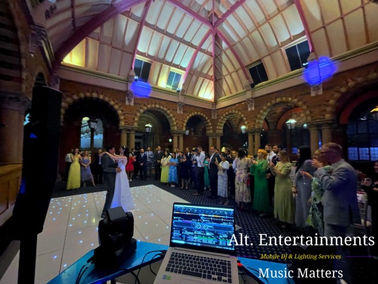 Bride and groom dancing their first dance at Carriage Court, Renaissance at Kelham Hall, Newark, Nottinghamshire. Photo taken by Alt. Entertainments, a Wedding DJ/Mobile DJ, disco & events company.
